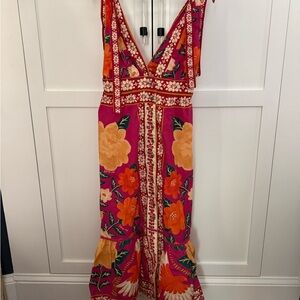 Farm Rio Floral V-Neck Maxi Dress - Pink and Orange